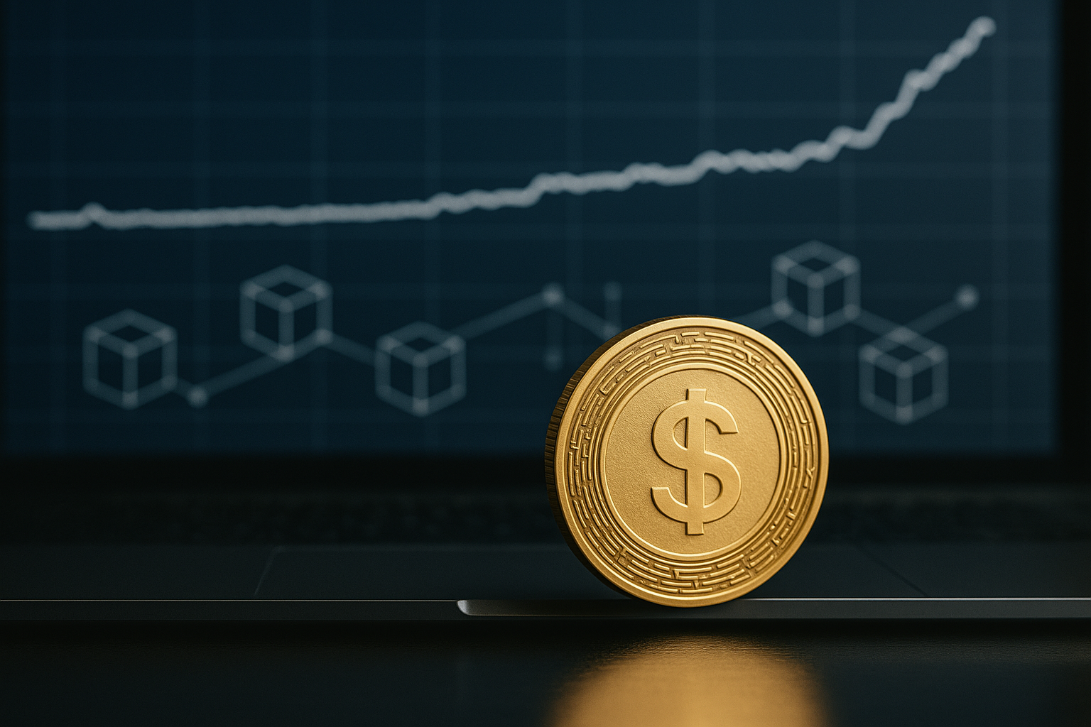 Schema concettuale di una stablecoin ancorata a una valuta con grafico di prezzo stabile e simboli di blockchain