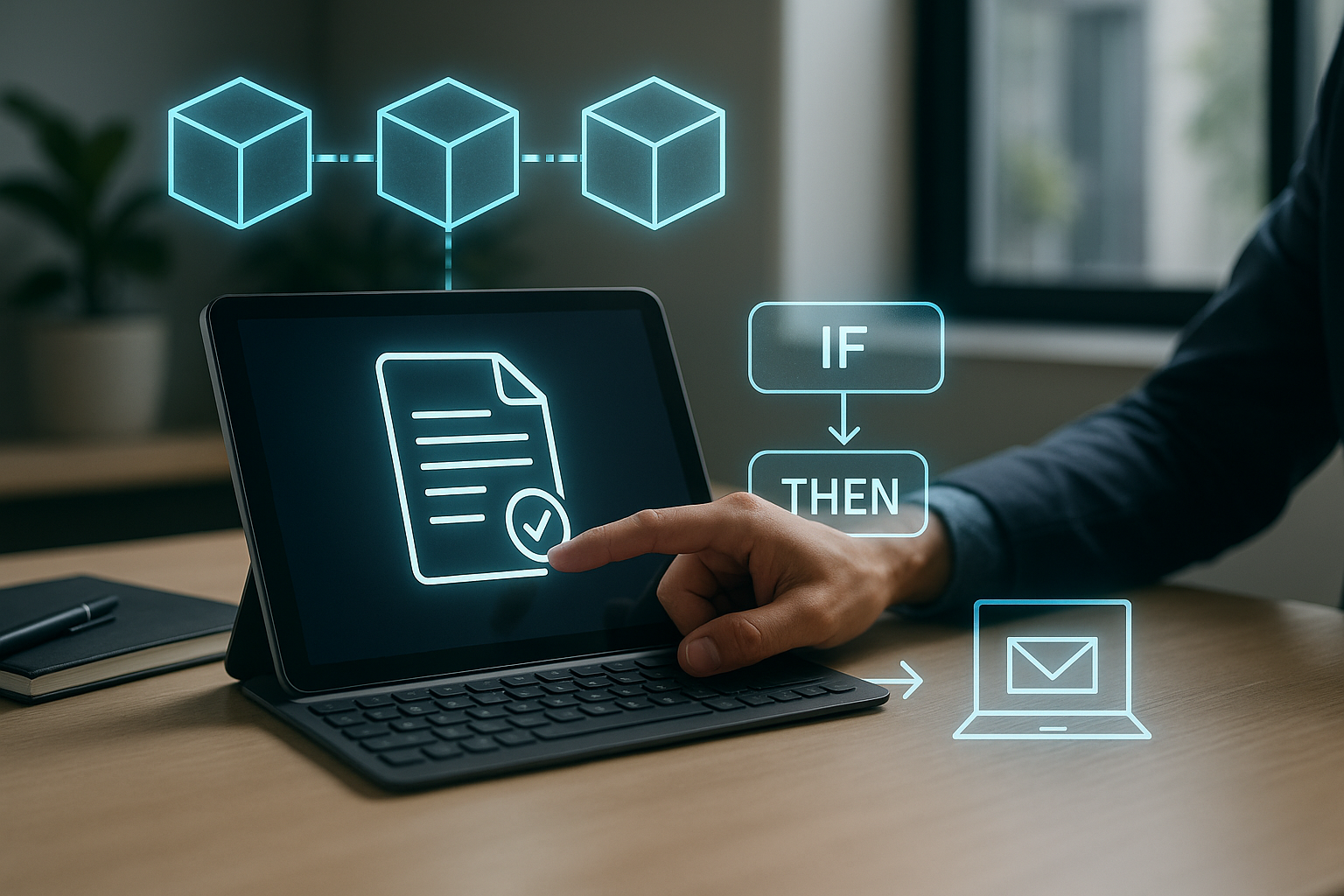 Schema concettuale di smart contract su blockchain che automatizza una transazione in base a condizioni