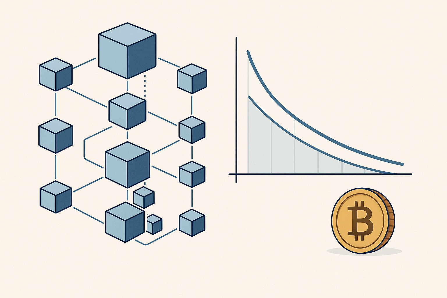 Schema concettuale dell’halving di Bitcoin con riduzione della ricompensa per blocco e offerta in diminuzione