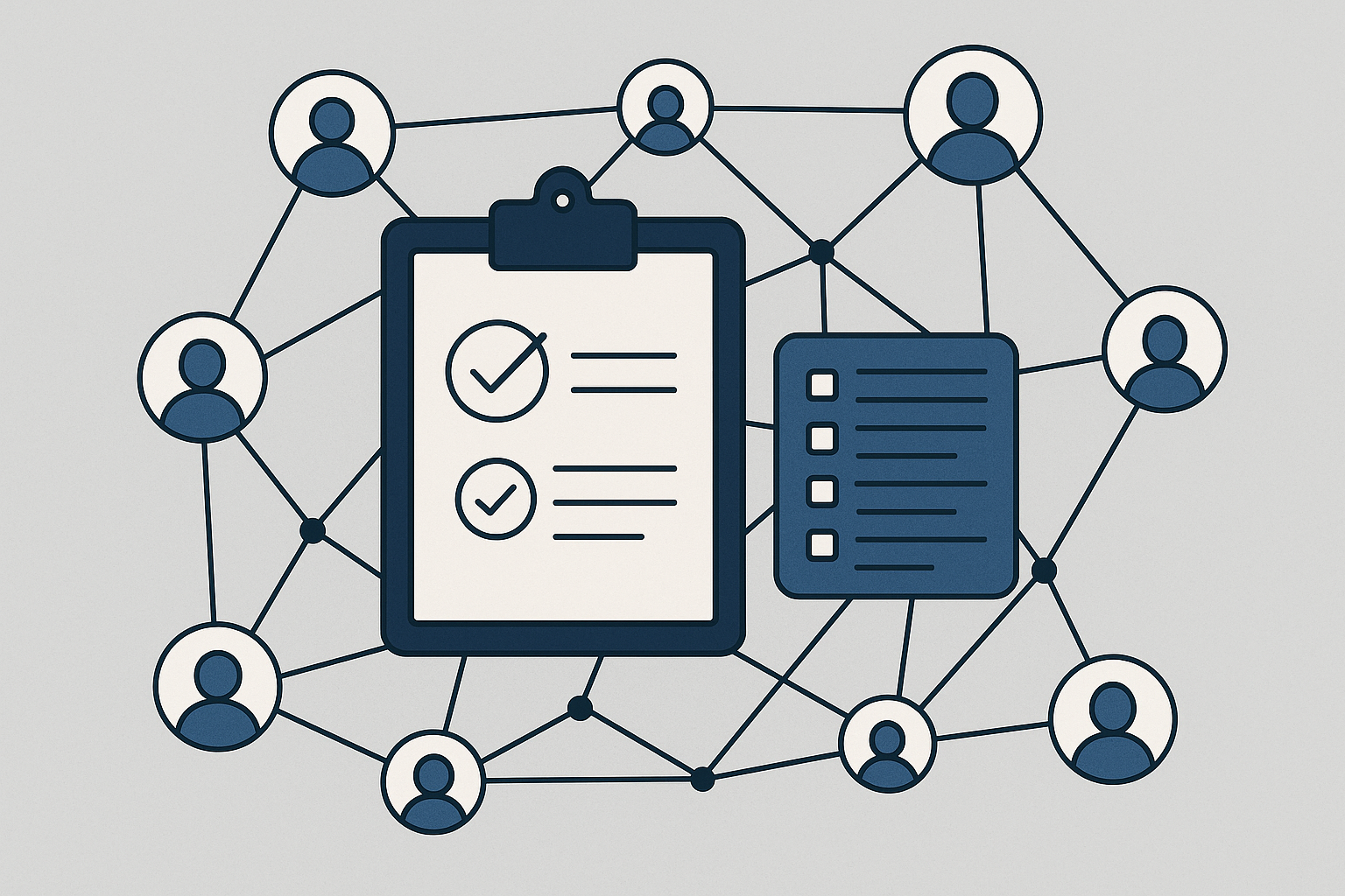 Schema concettuale di una DAO con nodi in rete che partecipano alla governance su blockchain