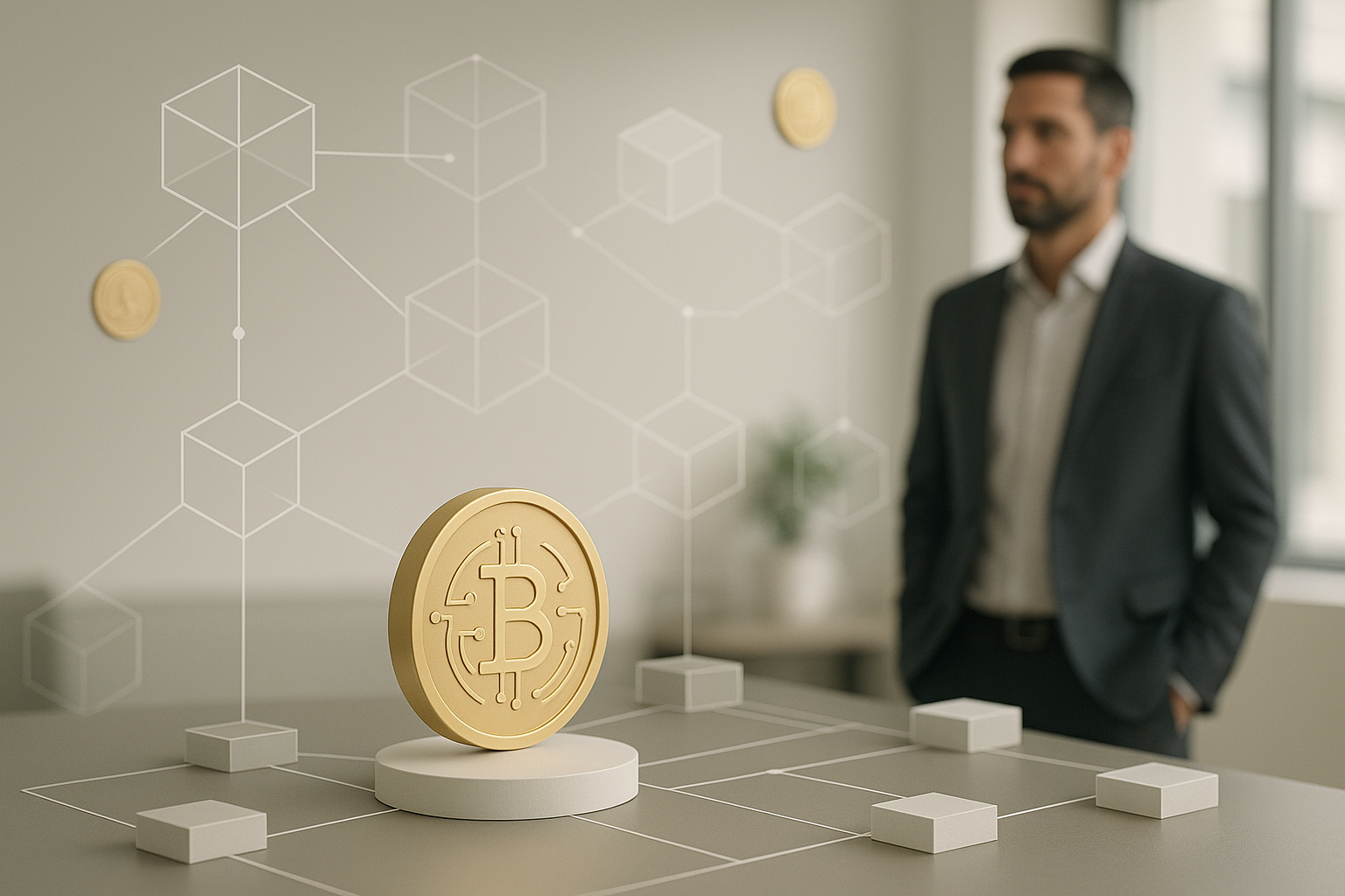 Schema concettuale di una rete blockchain con token e nodi distribuiti