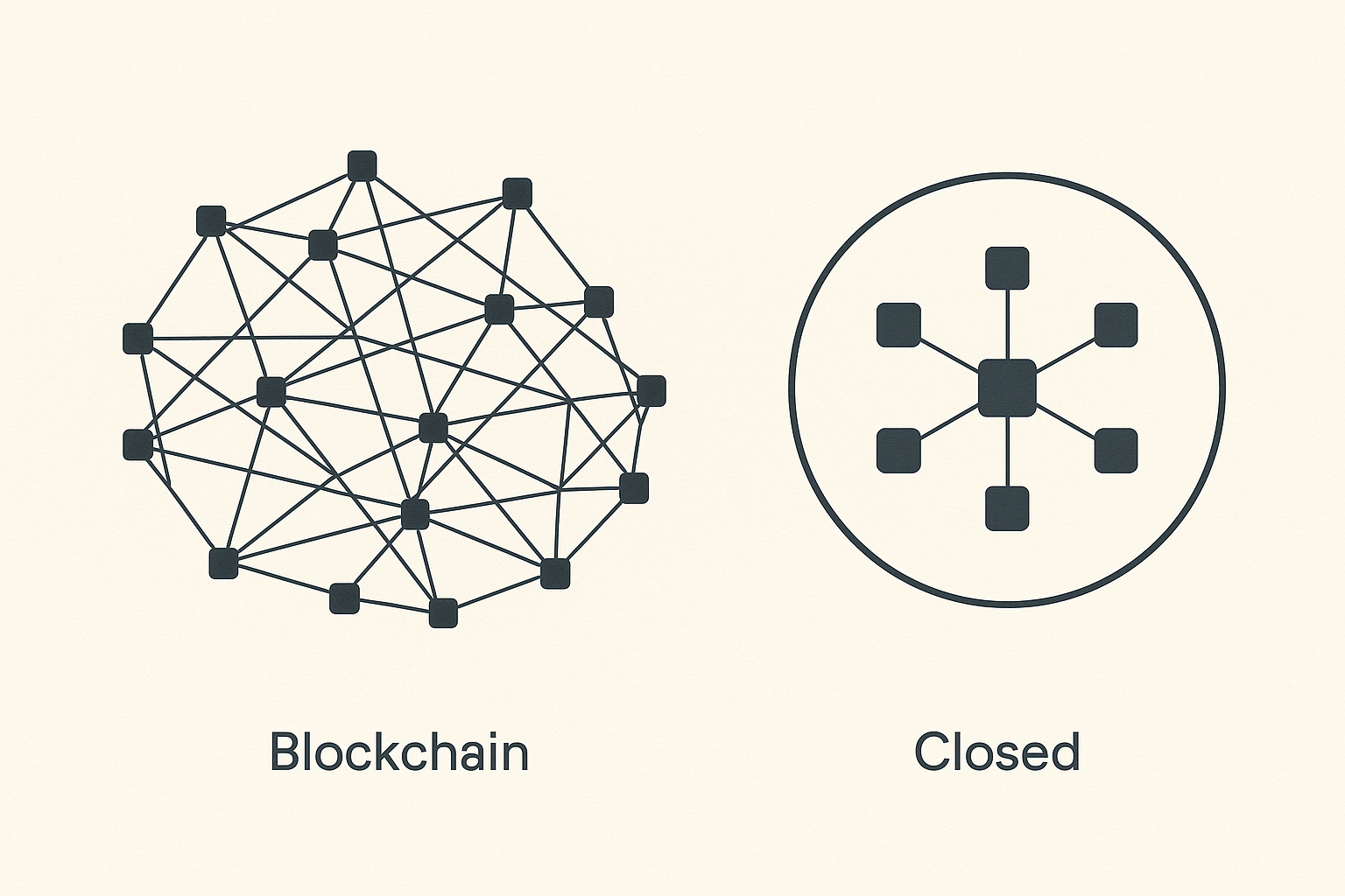 Confronto tra rete blockchain pubblica con molti nodi e rete blockchain privata con nodi autorizzati