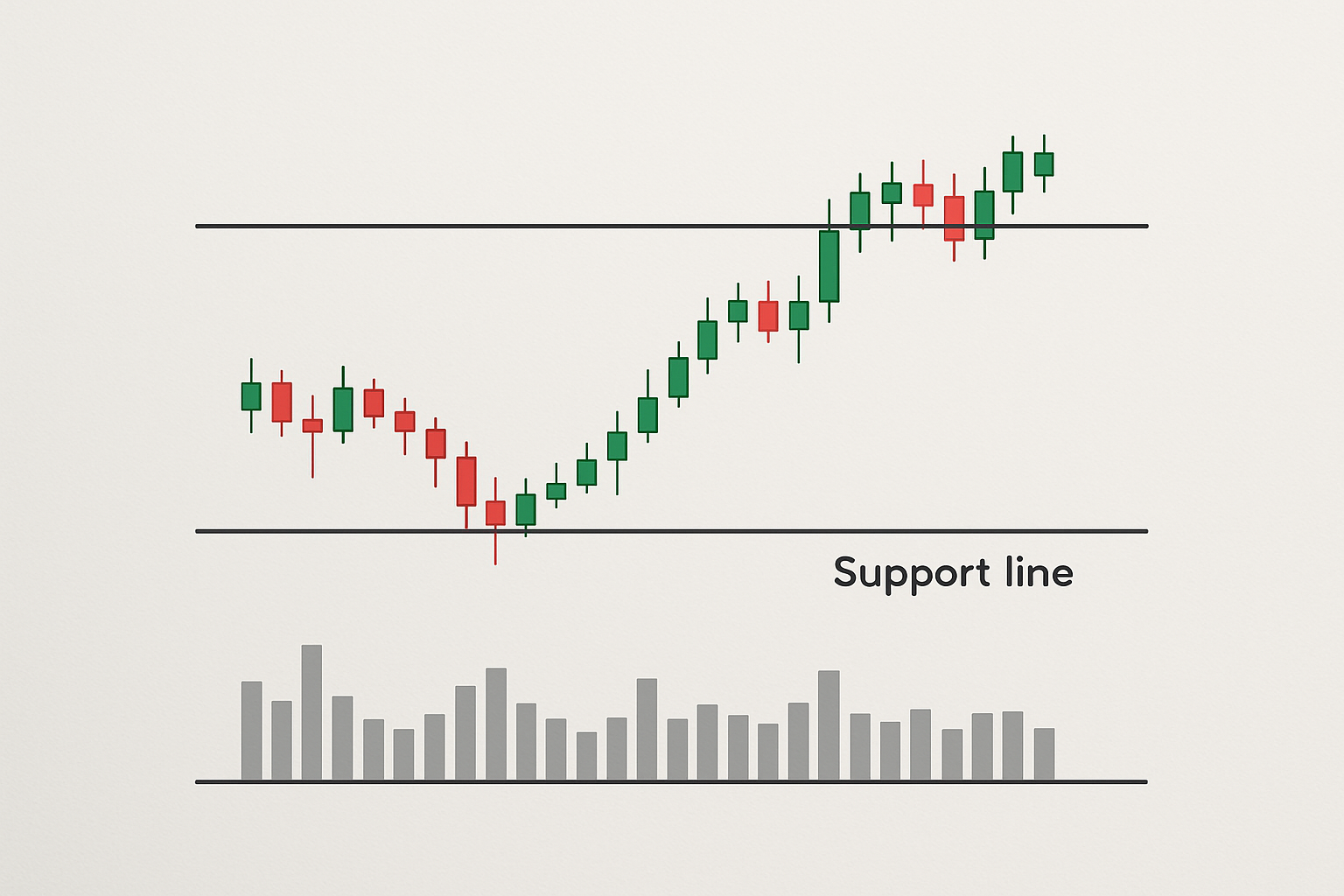 Grafico di Bitcoin con supporti e resistenze e volumi elevati