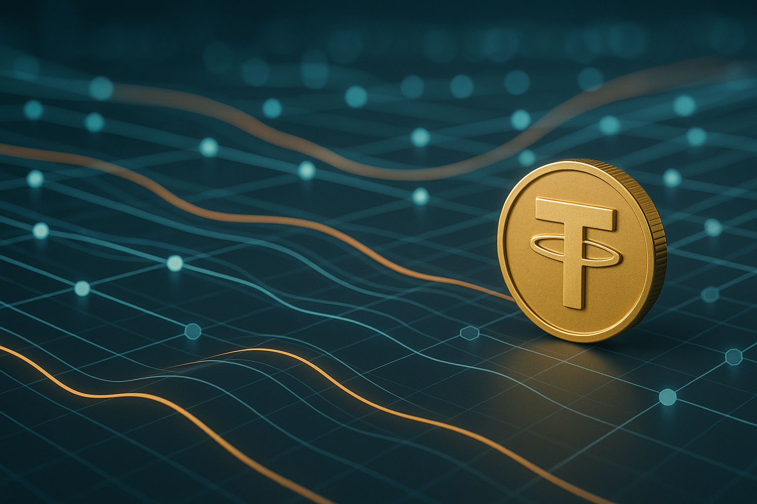 Schema astratto dei flussi di liquidità nei mercati digitali con stablecoin come ponte di scambio