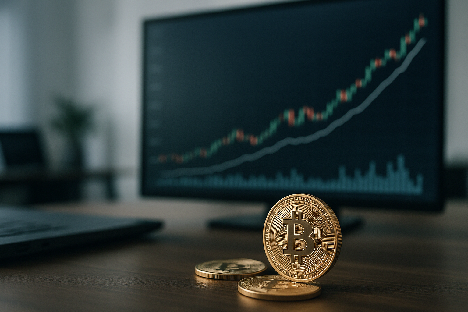Rappresentazione astratta di flussi istituzionali e accumulo su Bitcoin con linee di prezzo e volumi