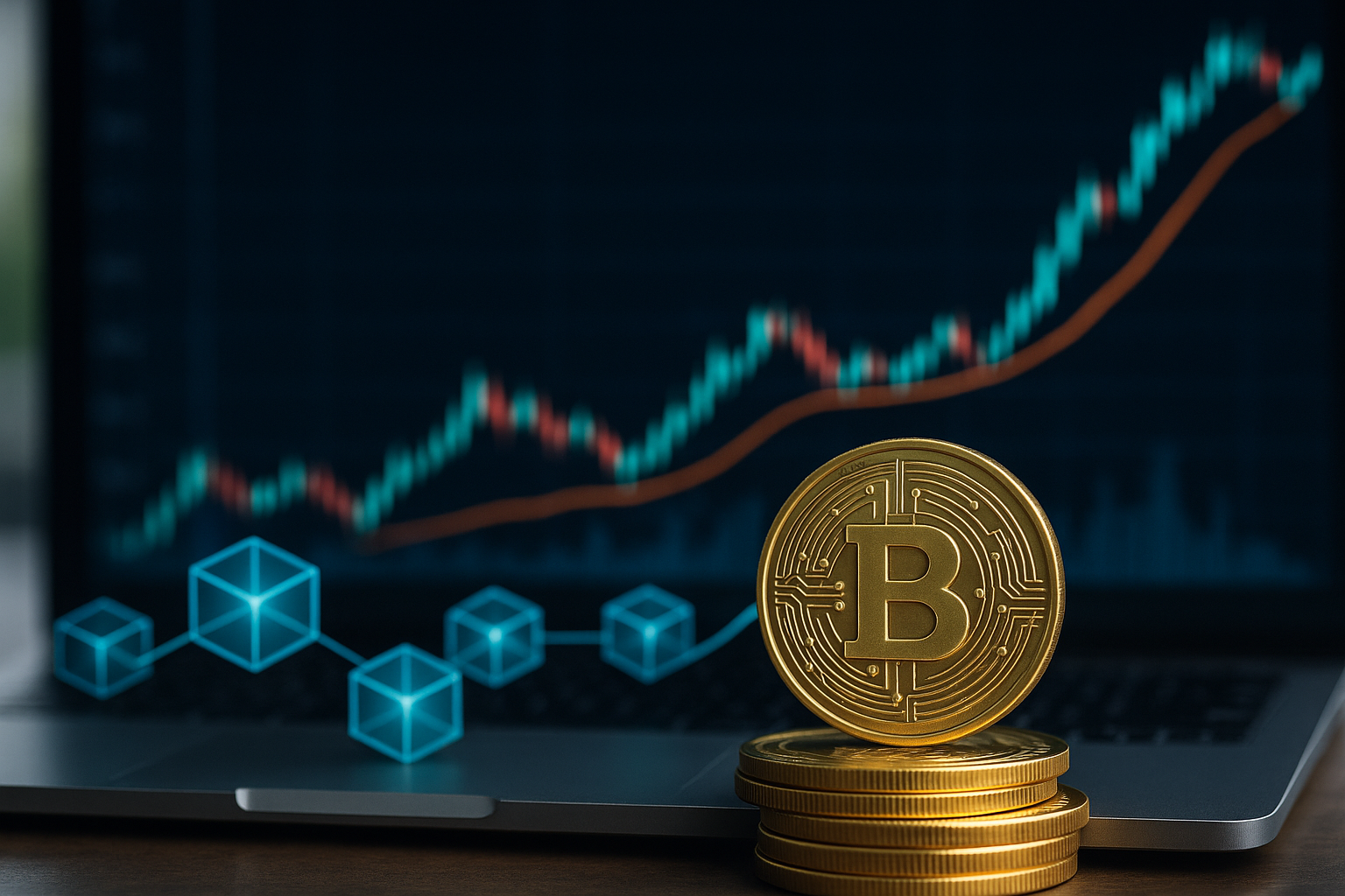 Grafico di prezzo con media mobile a 7 giorni e simboli astratti di tecnologia blockchain