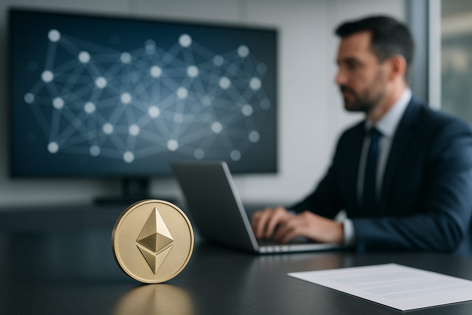 Rete blockchain astratta che rappresenta Ethereum e la finanza decentralizzata