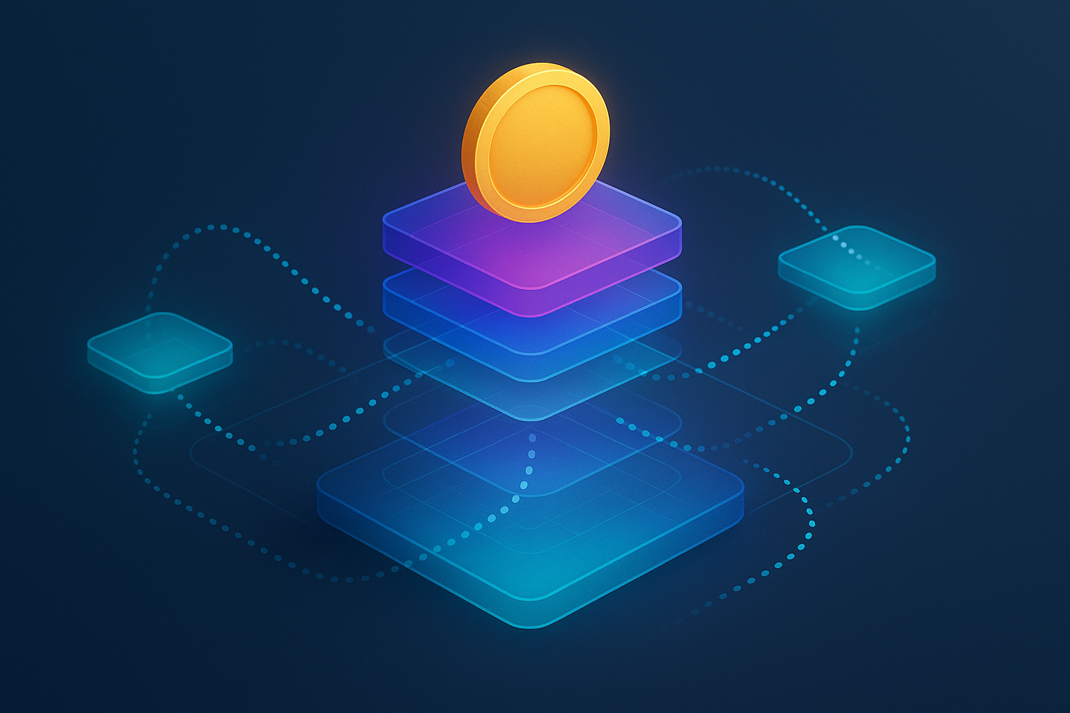 Schema astratto di una blockchain con reti Layer 2 sovrapposte e flussi di transazioni