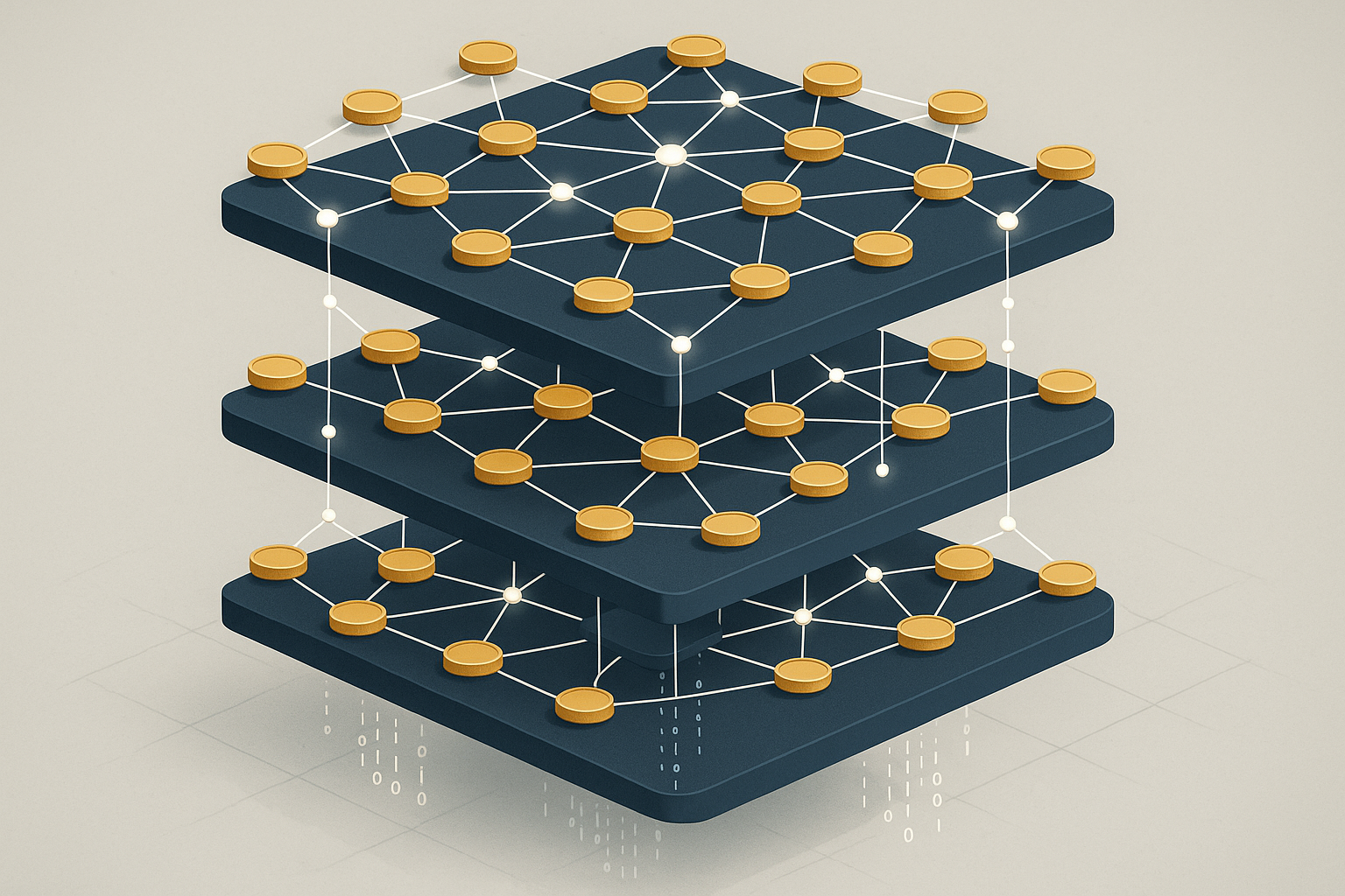Schema concettuale di infrastruttura blockchain con layer e nodi interconnessi