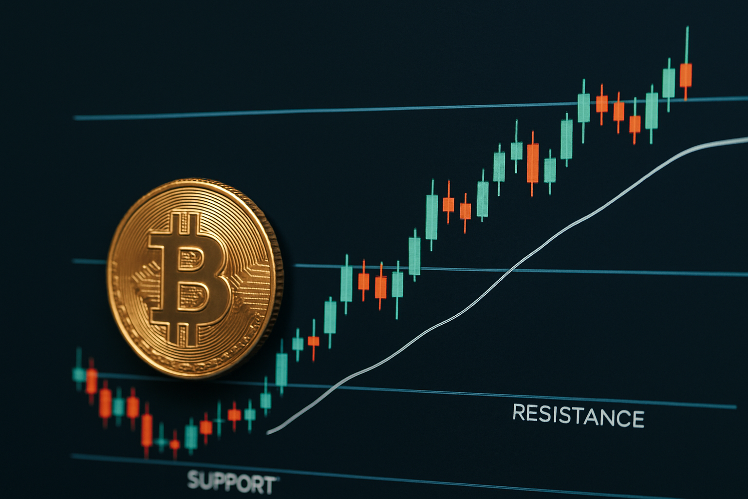 Grafico a candele con supporti, resistenze e media mobile per analisi tecnica di breve periodo su Bitcoin