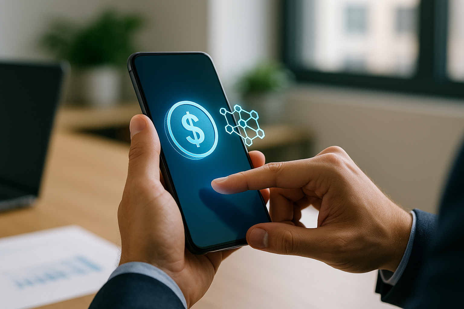Pagamento digitale con stablecoin tramite smartphone su rete blockchain
