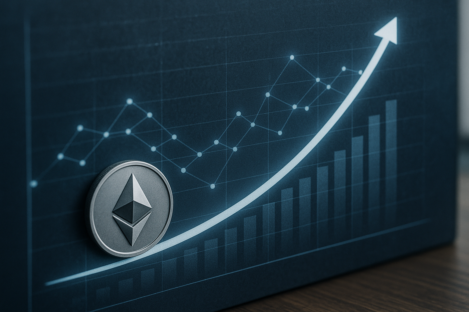 Andamento crescente della quantità di ETH in staking con rete di nodi interconnessi