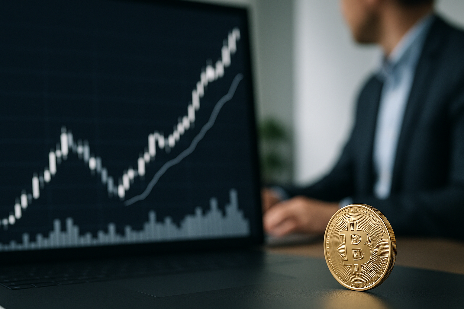 Grafico stilizzato con trend rialzista e barre di volume che rappresenta altcoin in crescita