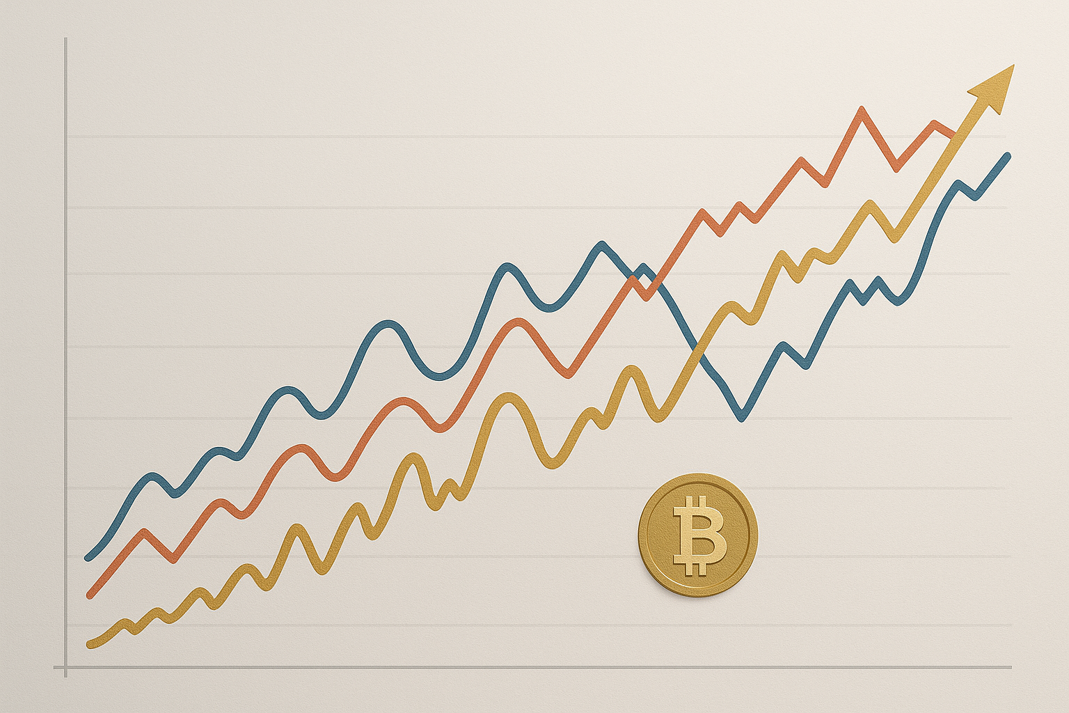 Linee di prezzo stilizzate che mostrano movimenti correlati tra Bitcoin e mercati finanziari tradizionali