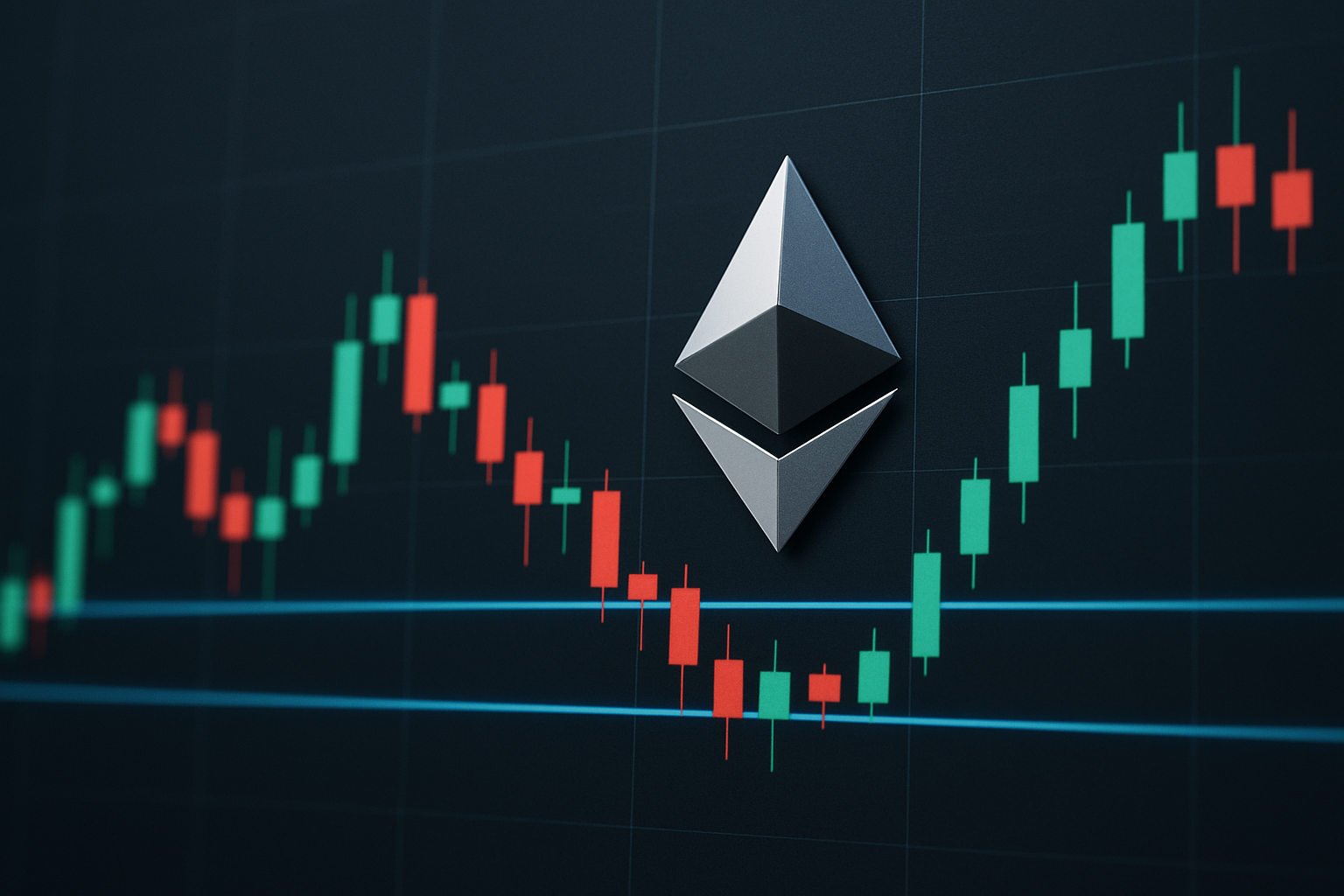 Grafico astratto con candele e livelli di supporto e resistenza che rappresentano la stabilità di Ethereum