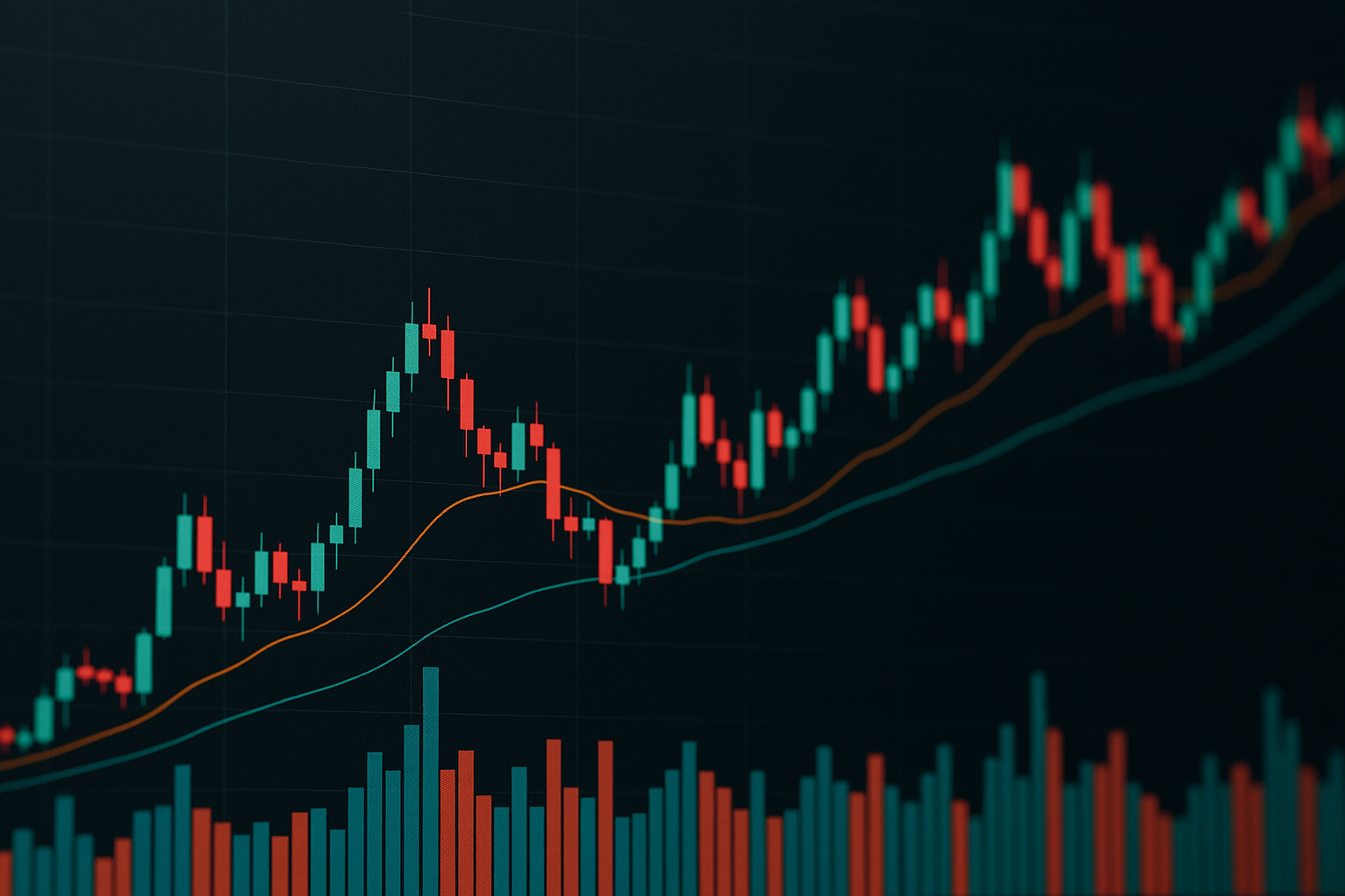 Grafico stilizzato con volumi e candele che rappresenta l’attività di scambio di token emergenti