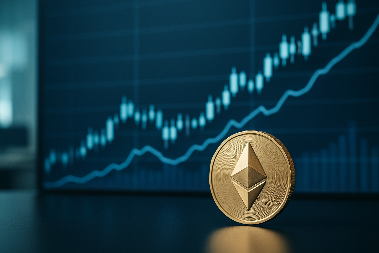 Andamento stilizzato dei mercati derivati su Ethereum con grafici e indicatori