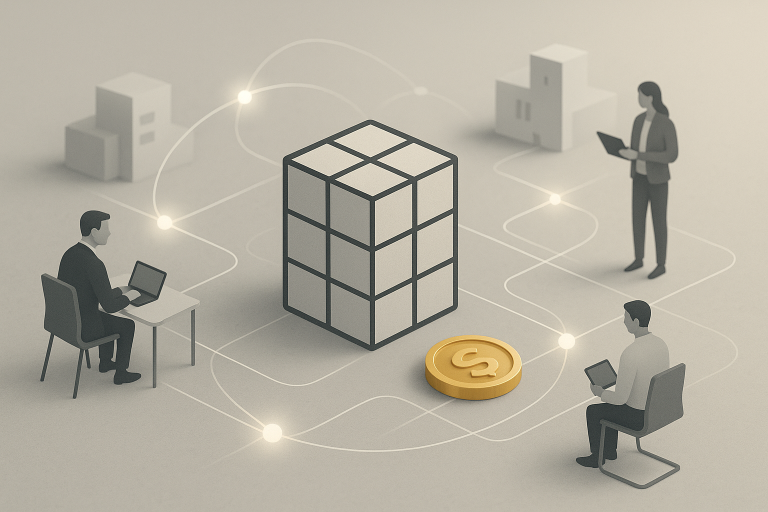 Schema concettuale di economia digitale con blockchain, token e flussi di valore