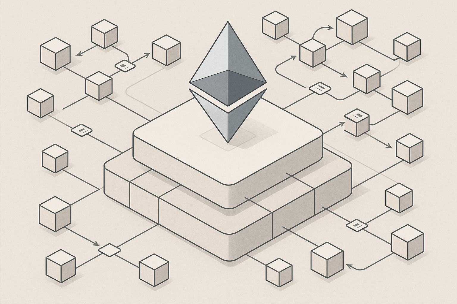 Schema concettuale di una rete blockchain modulare con livello principale e soluzioni Layer 2 collegate