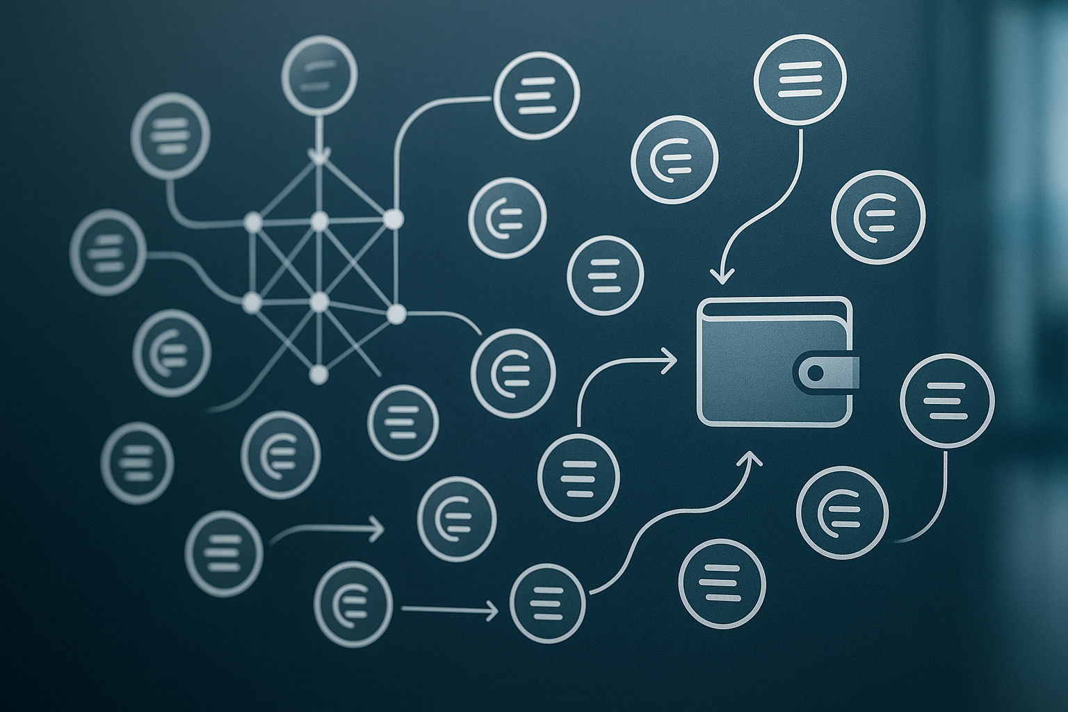 Rete blockchain con token digitali che circolano tra nodi e portafogli