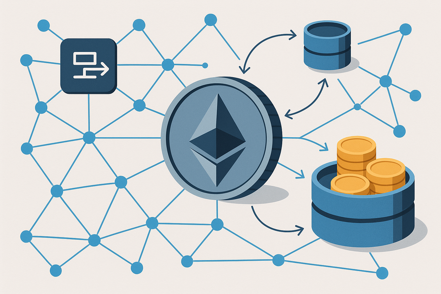 Schema concettuale di Ethereum e flussi DeFi tra smart contract, pool di liquidità e utenti