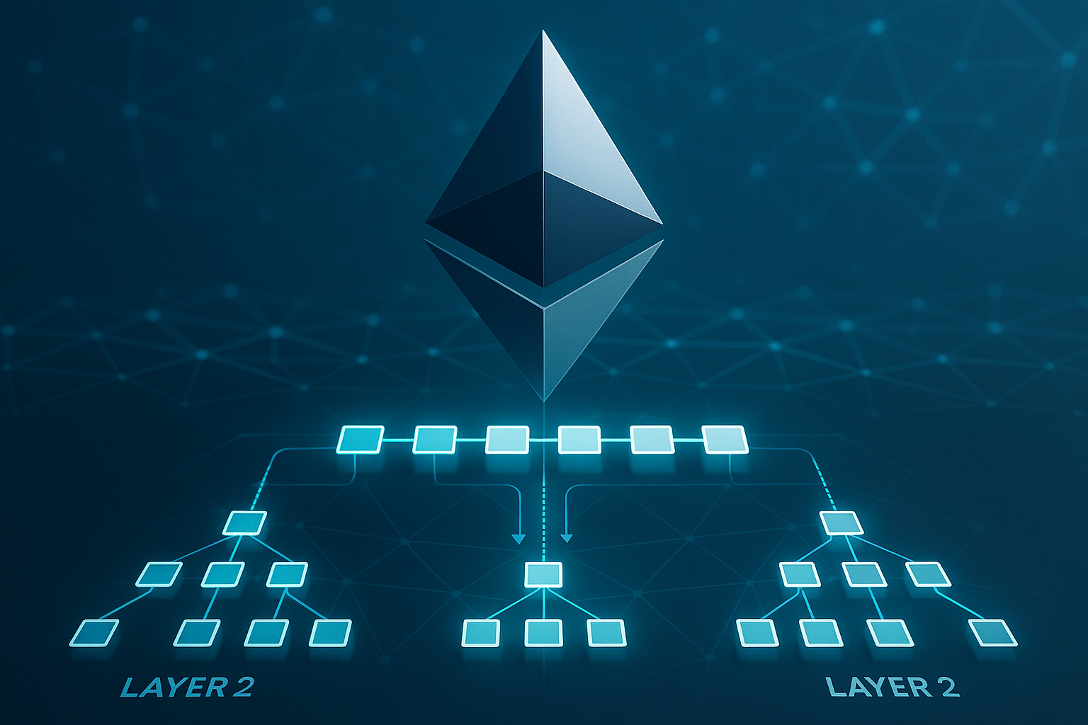 Schema concettuale di Ethereum con reti layer 2 che aggregano transazioni e le pubblicano sulla chain principale