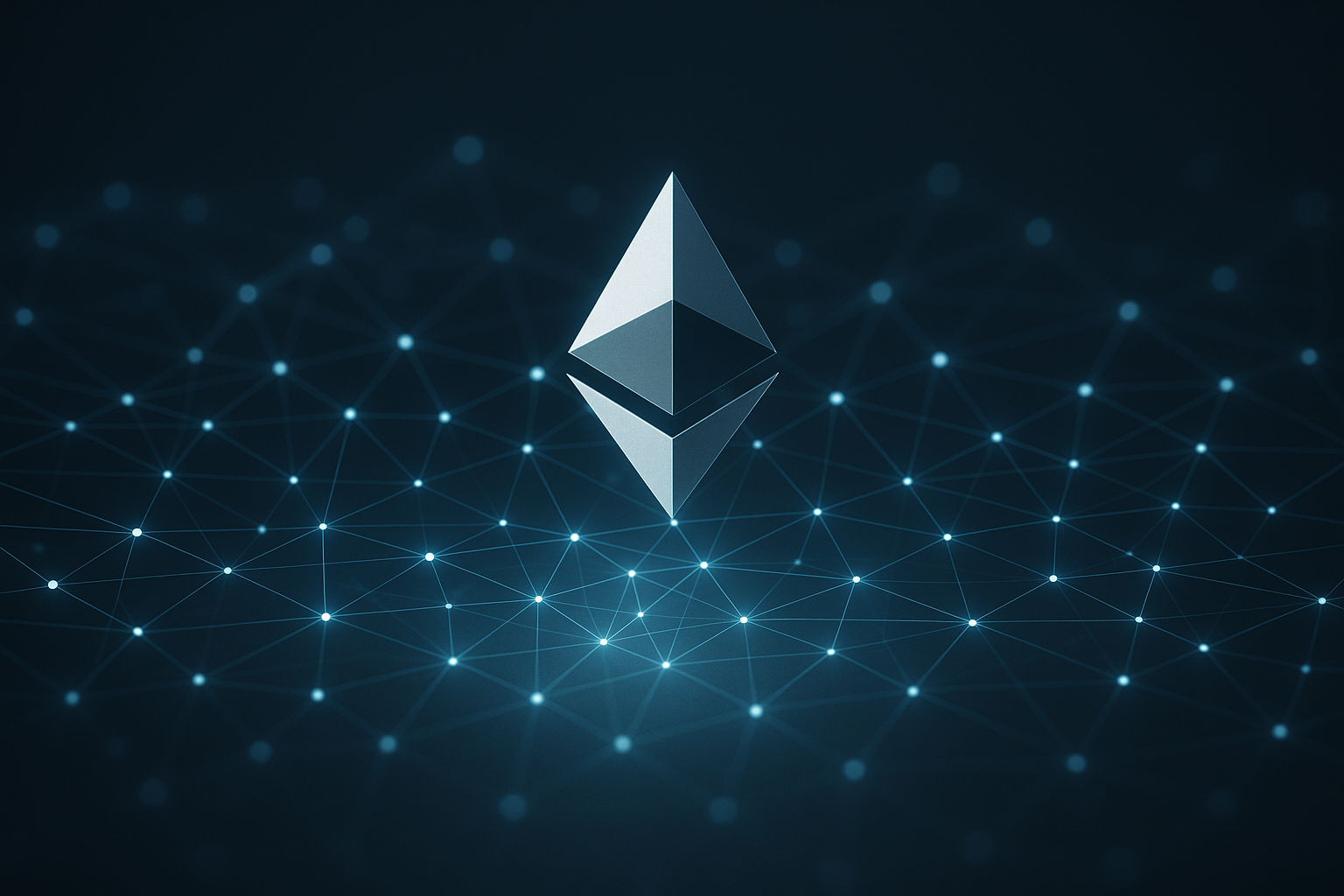 Rappresentazione astratta di una rete blockchain con nodi connessi che indica aumento dell’attività su Ethereum