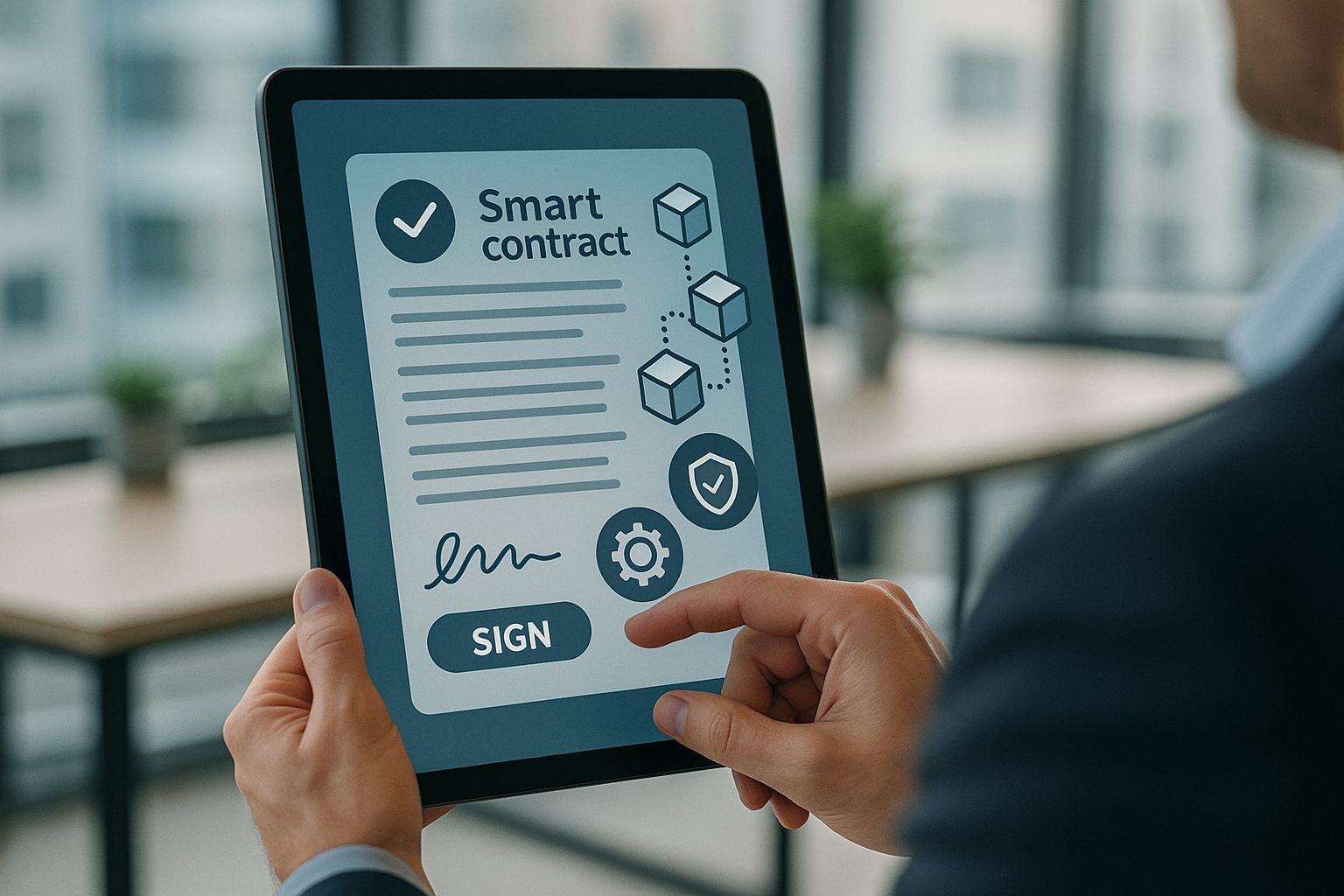 Schema concettuale di smart contract su blockchain con regole automatiche e elementi di sicurezza