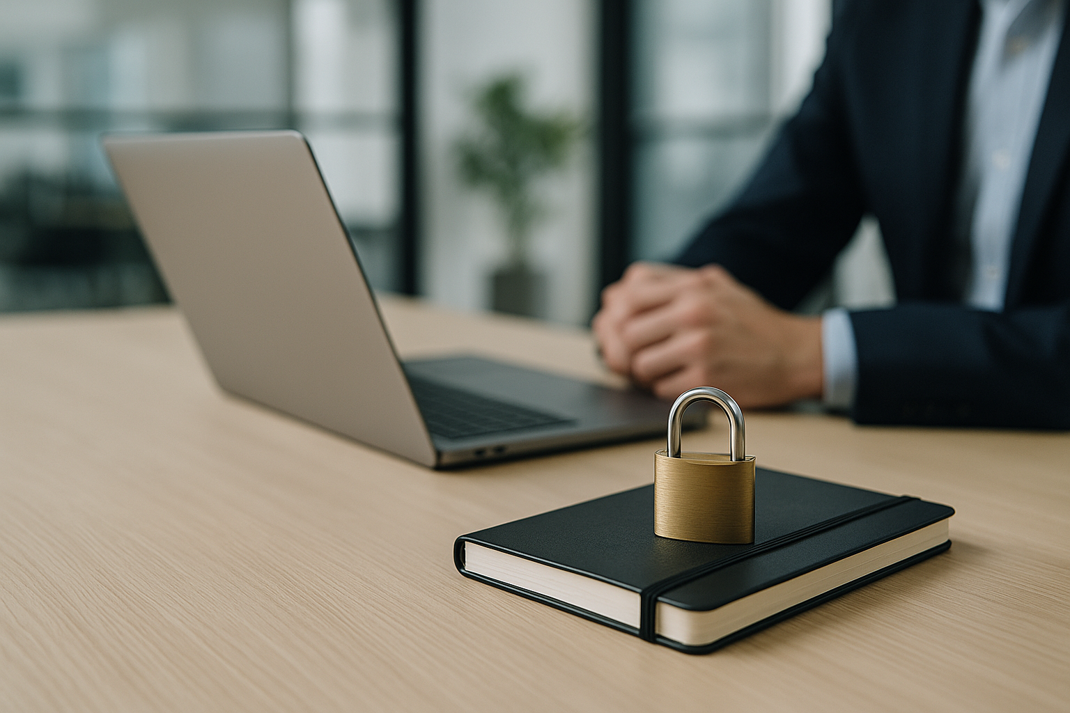 Scrivania minimal con lucchetto e strumenti digitali a simboleggiare la sicurezza delle criptovalute