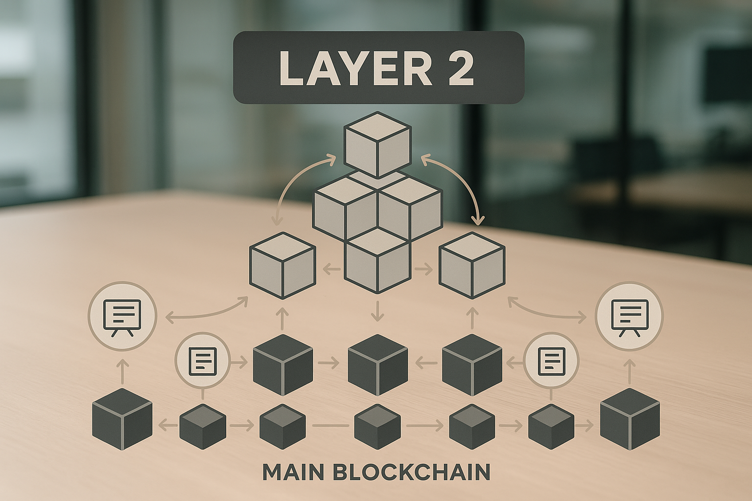Schema concettuale di soluzioni layer 2 che aggregano transazioni sopra una blockchain di base per ridurre commissioni e aumentare velocità