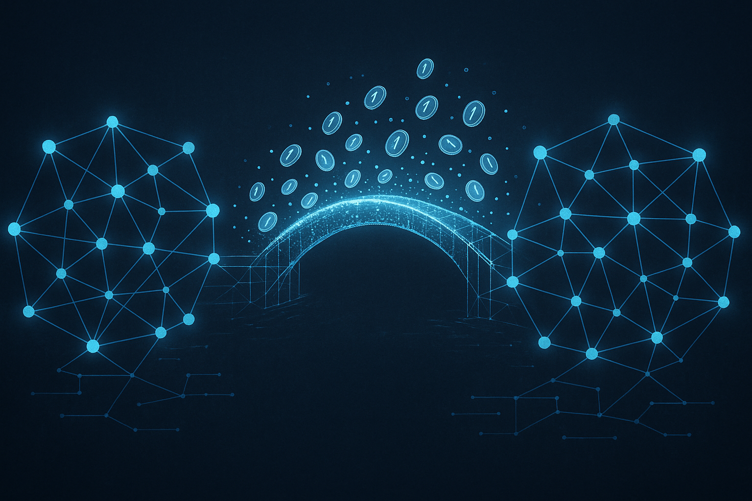 Illustrazione concettuale di un bridge crypto che collega due blockchain con flussi di dati e token