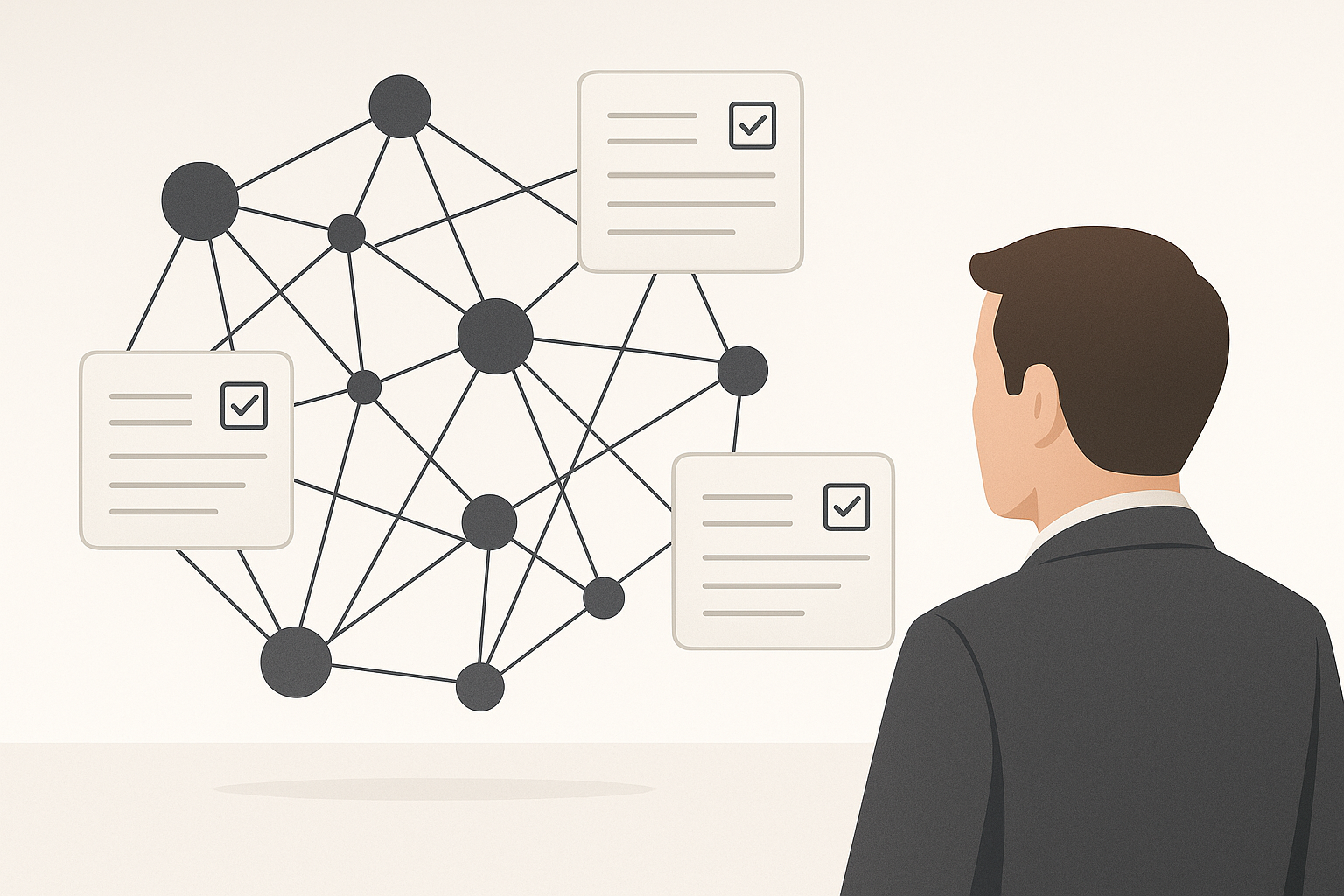 Schema concettuale di governance decentralizzata con nodi di rete e votazioni