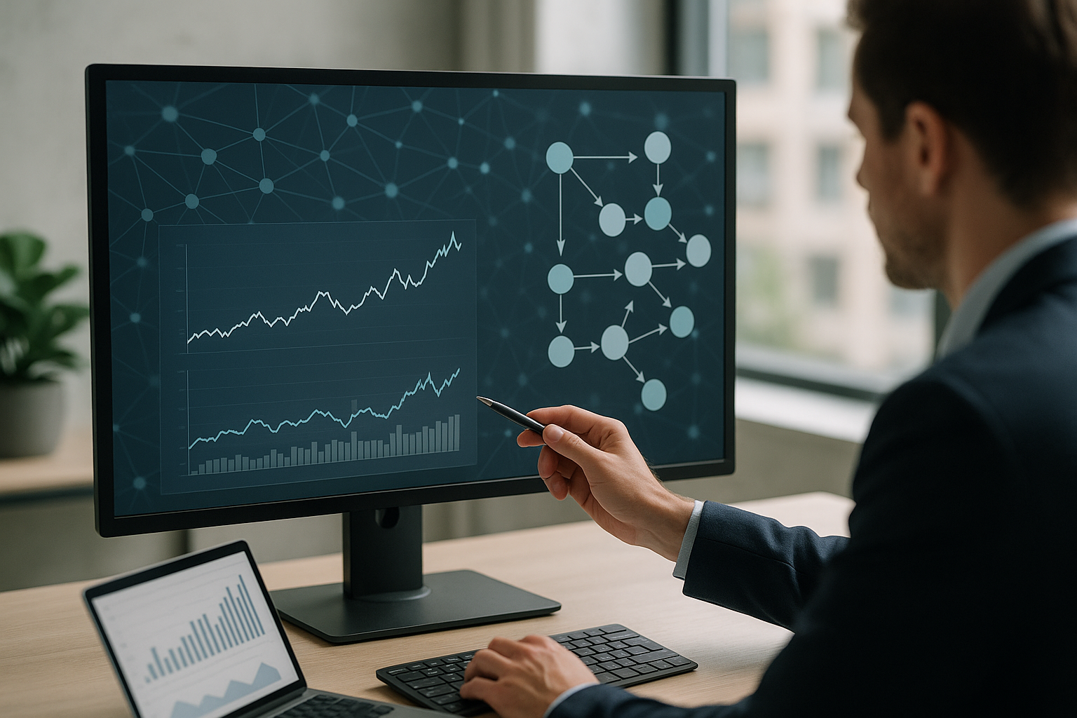 Dashboard concettuale con grafici e flussi di transazioni che rappresentano l’analisi on-chain