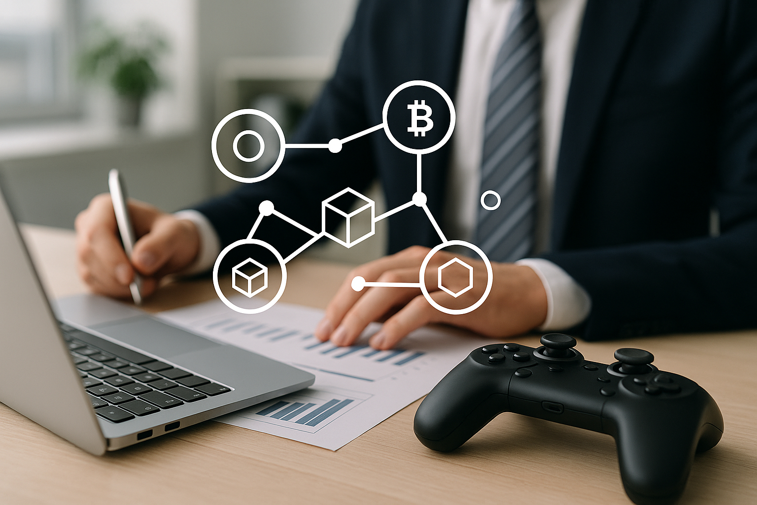 Controller da gaming accanto a elementi grafici astratti che richiamano una rete blockchain