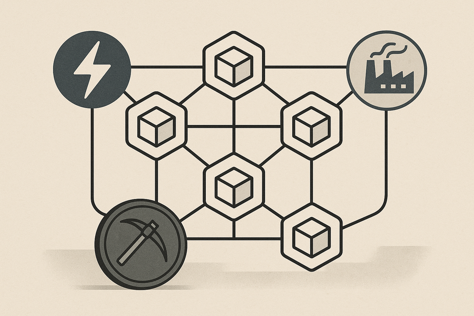 Rete blockchain proof of work con nodi e riferimento astratto al consumo energetico