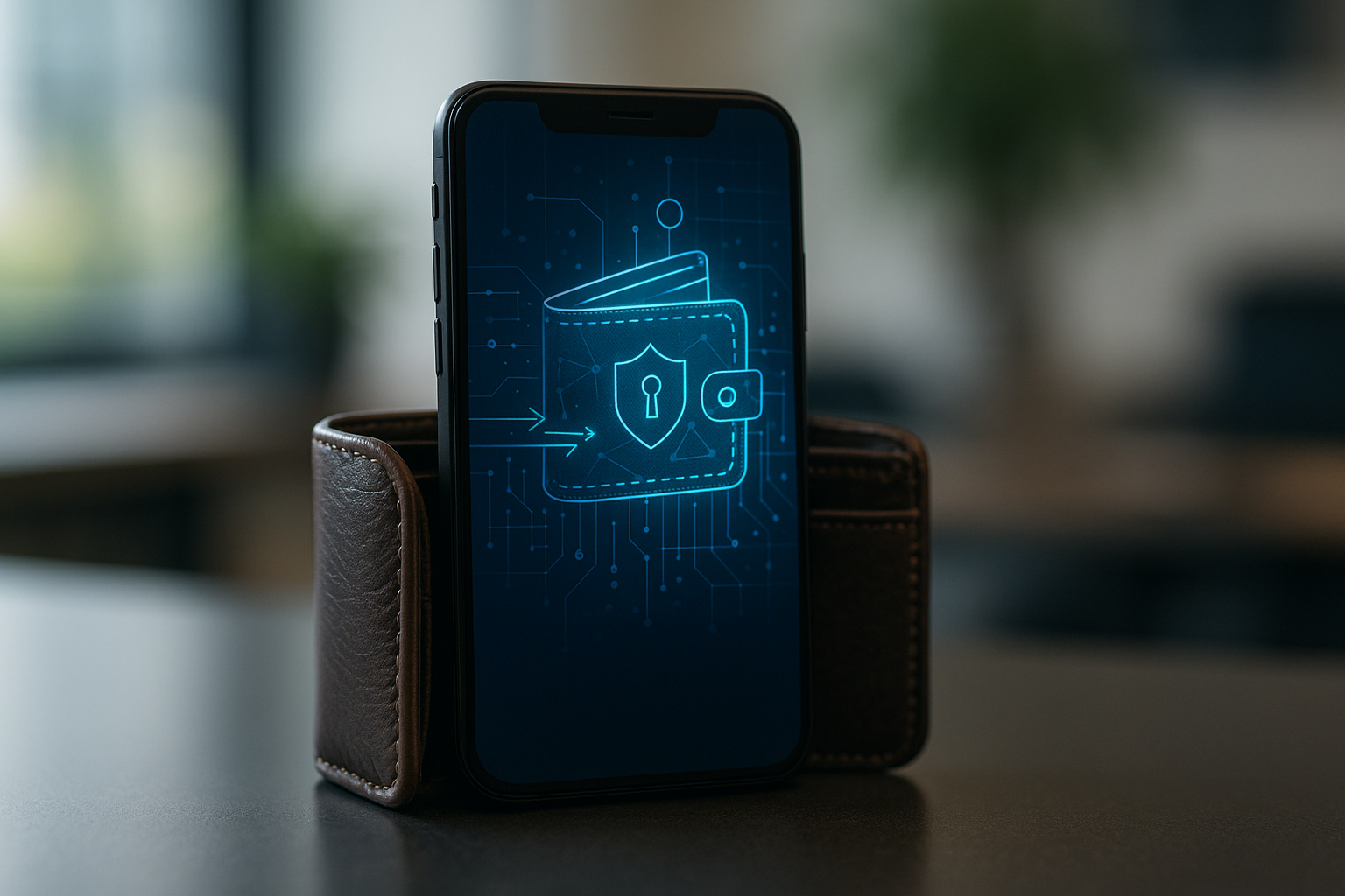 Rappresentazione di un hot wallet connesso alla rete e simboli astratti di sicurezza e transazioni
