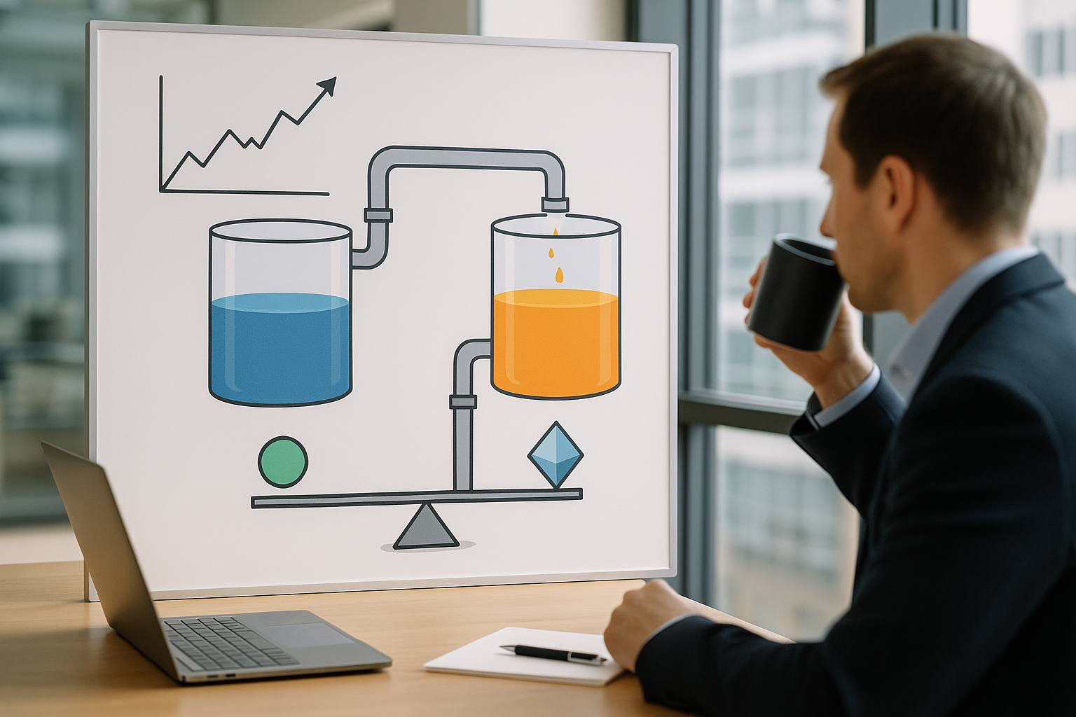 Schema concettuale di una liquidity pool DeFi con due asset e flussi di scambio bilanciati