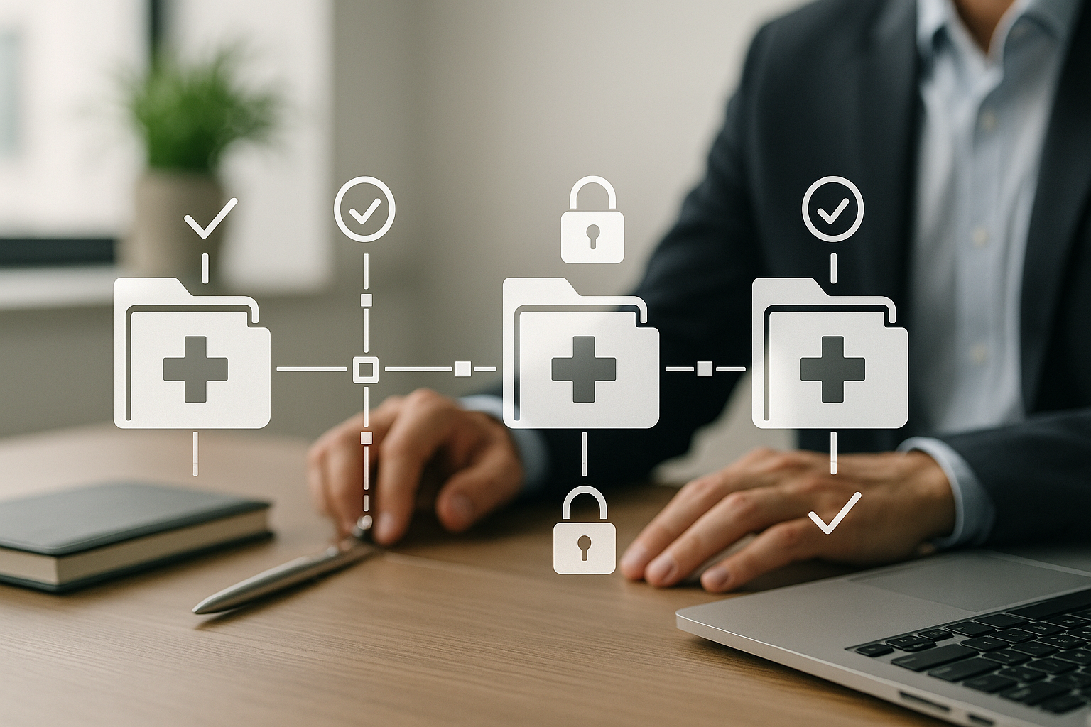 Schema concettuale di blockchain applicata ai dati sanitari con enfasi su privacy e verificabilità