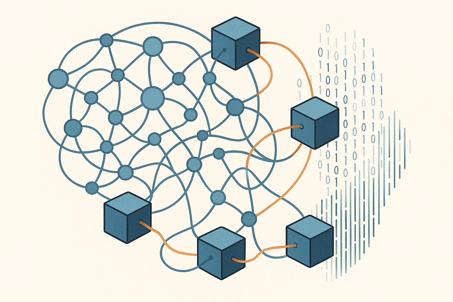Rete blockchain e nodi di intelligenza artificiale con flussi di dati e token